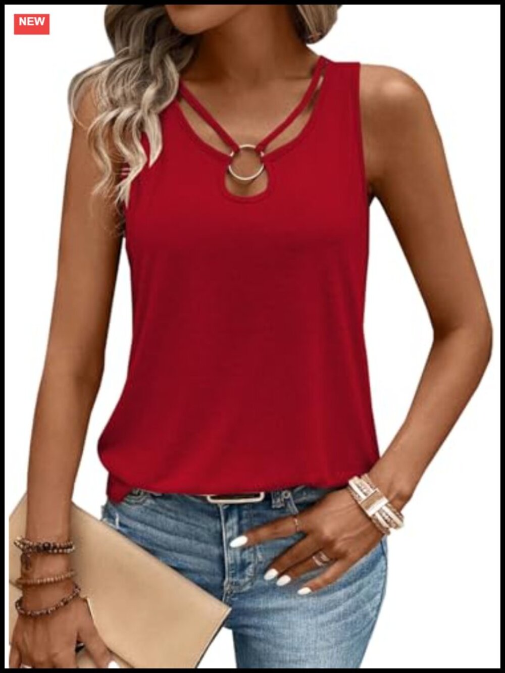 Women's Cut Out Ring Keyhole Tank Top Sleeveless Ribbed Knit